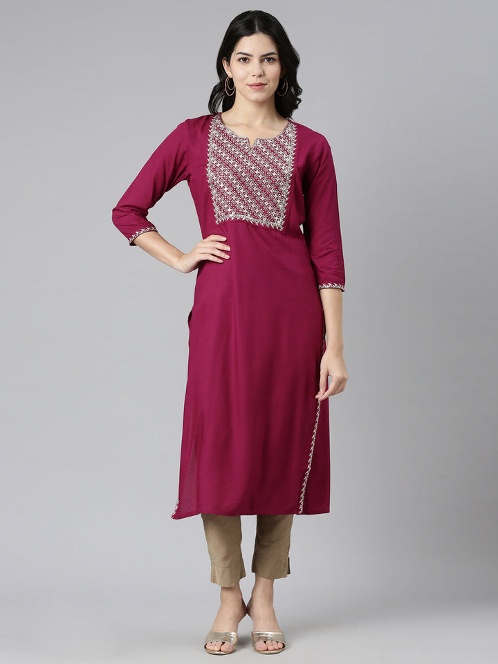 Neerus Purple printed straight kurti - front view