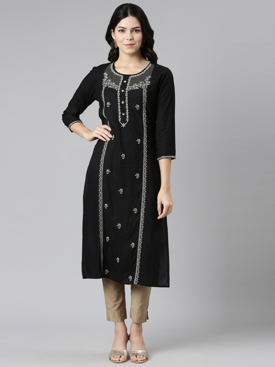 Neerus Black embroidered straight kurti - front view