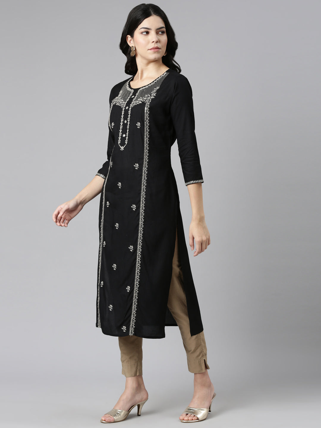 Neerus Black embroidered straight kurti - back view