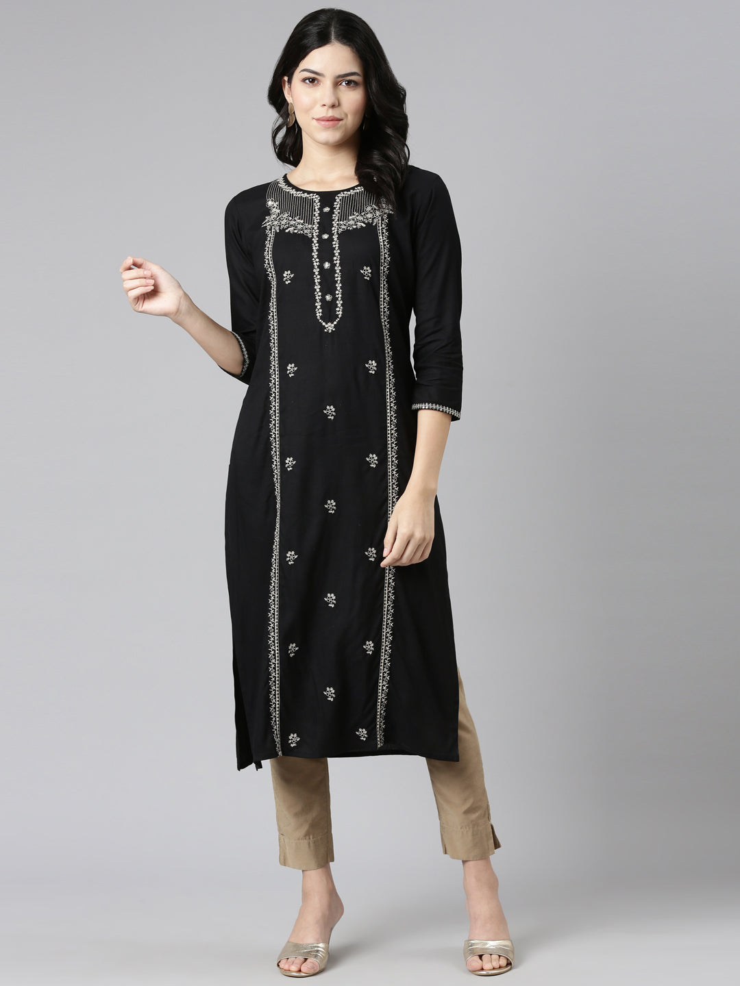 Neerus Black embroidered straight kurti - detail view 2