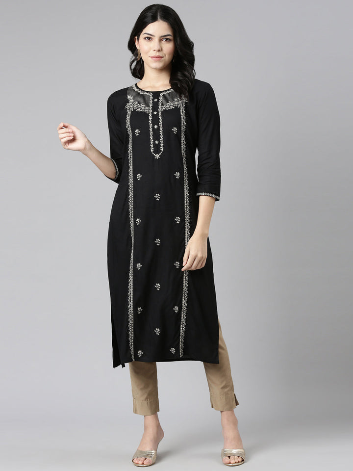 Neerus Black embroidered straight kurti - detail view 2