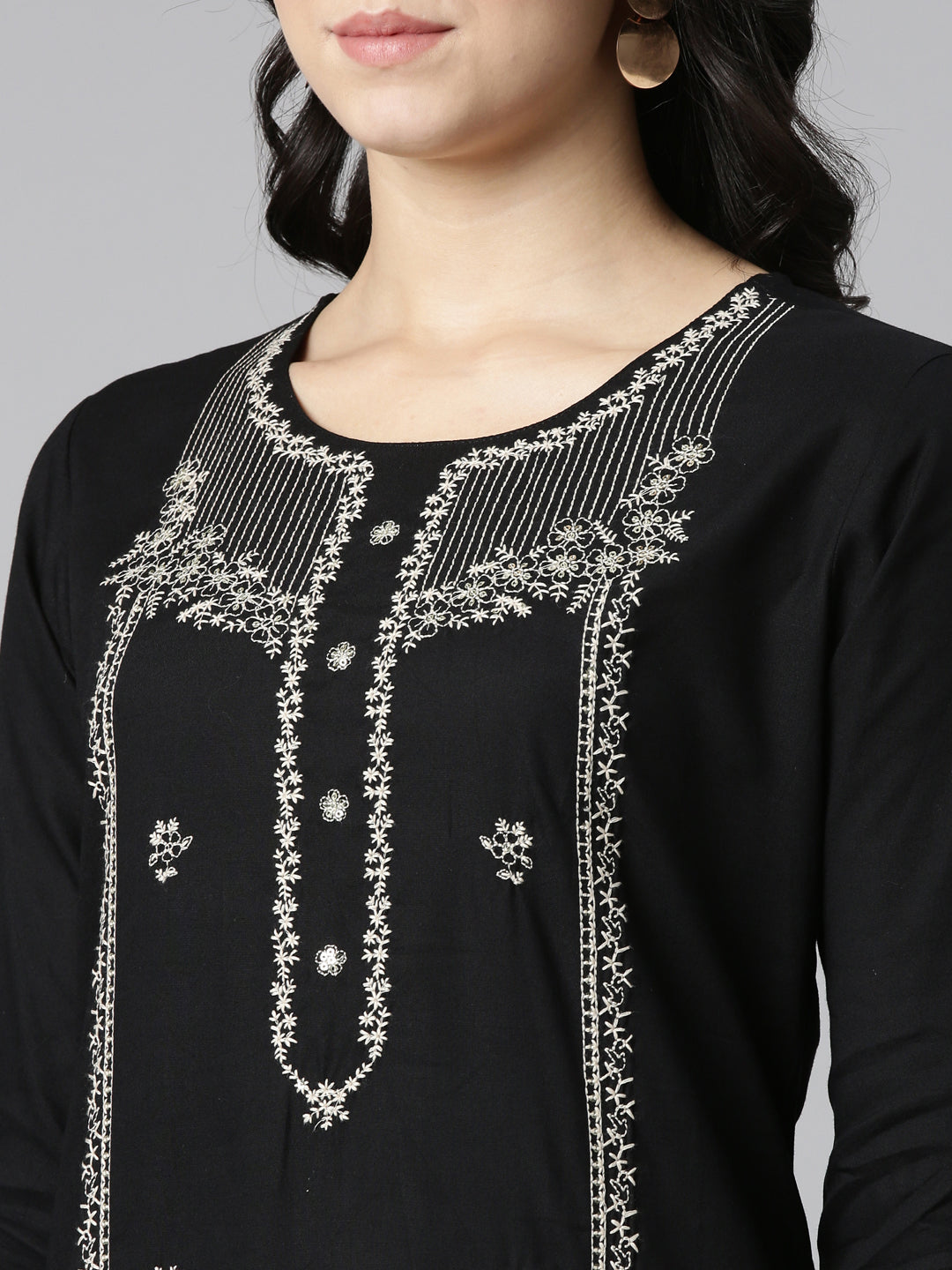 Neerus Black embroidered straight kurti - detail view 1