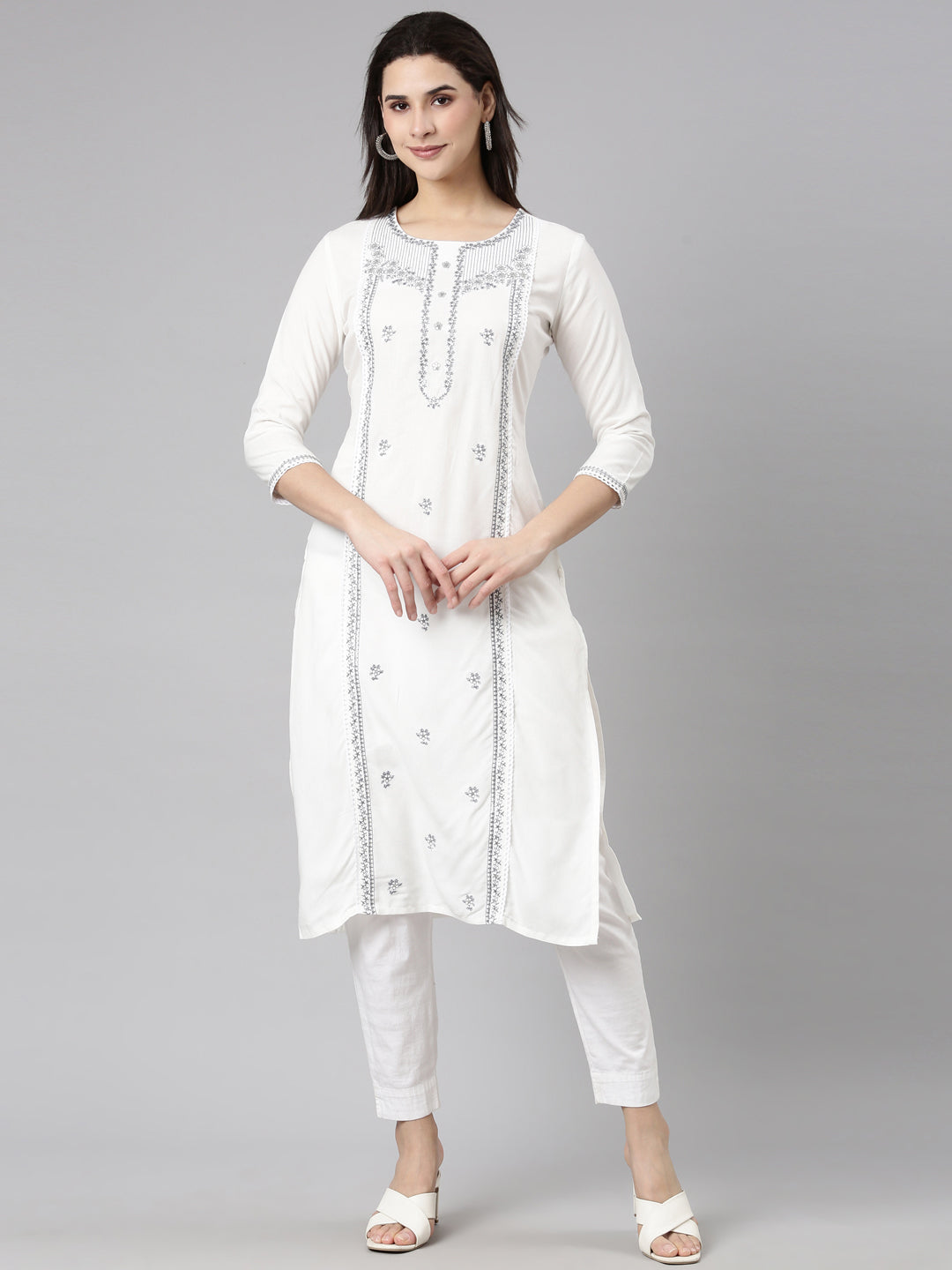 Neerus Grey slub cotton printed floral straight kurti - front view