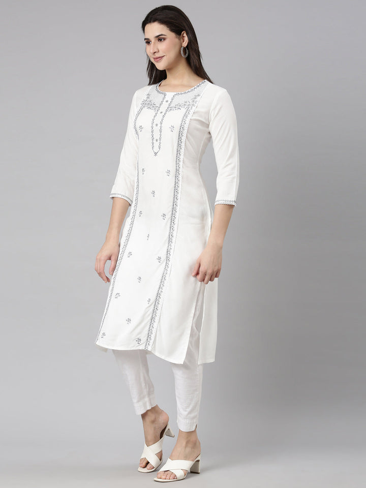 Neerus Grey slub cotton printed floral straight kurti - back view