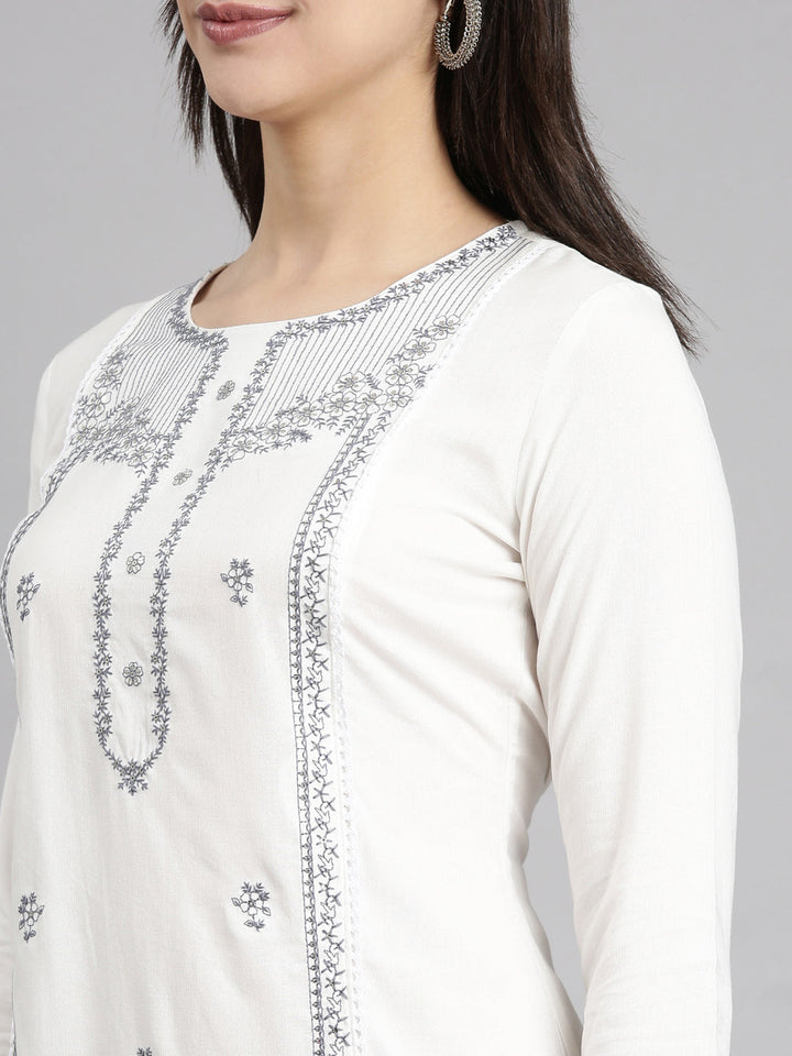 Neerus Grey slub cotton printed floral straight kurti - detail view 1