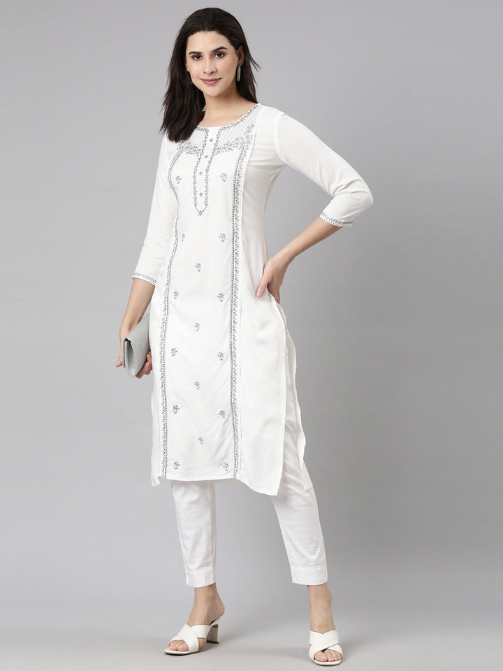 Neerus Grey slub cotton printed floral straight kurti - detail view 2