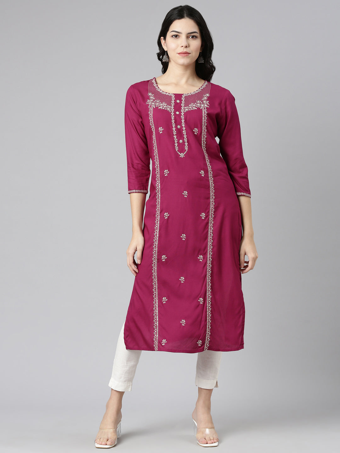 Neerus Pink embroidered straight kurti - front view