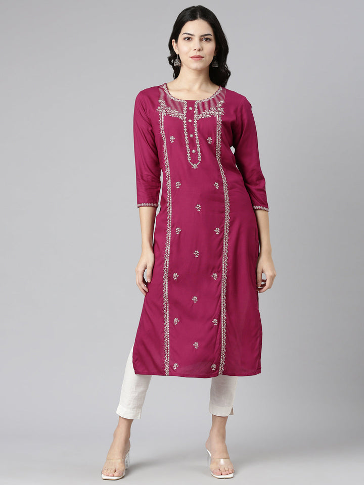 Neerus Pink embroidered straight kurti - front view