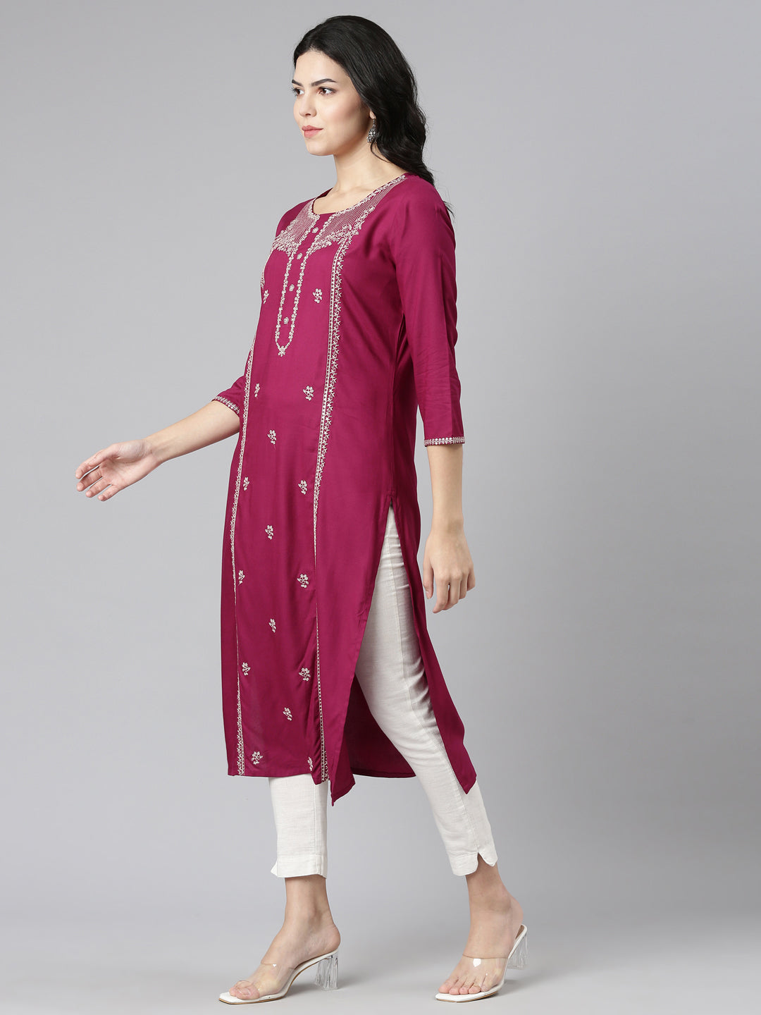 Neerus Pink embroidered straight kurti - back view