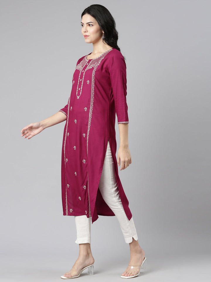 Neerus Pink embroidered straight kurti - back view