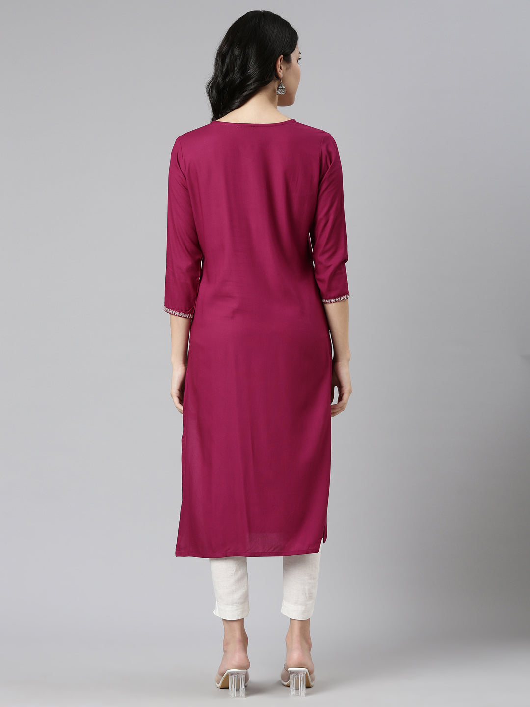 Neerus Pink embroidered straight kurti - side view