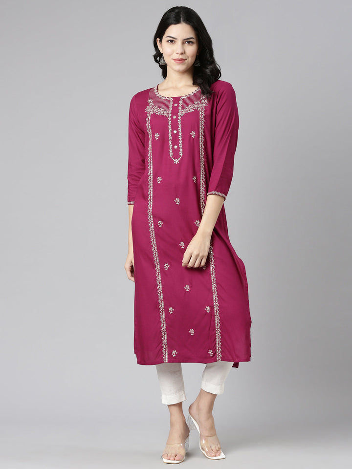 Neerus Pink embroidered straight kurti - detail view 2