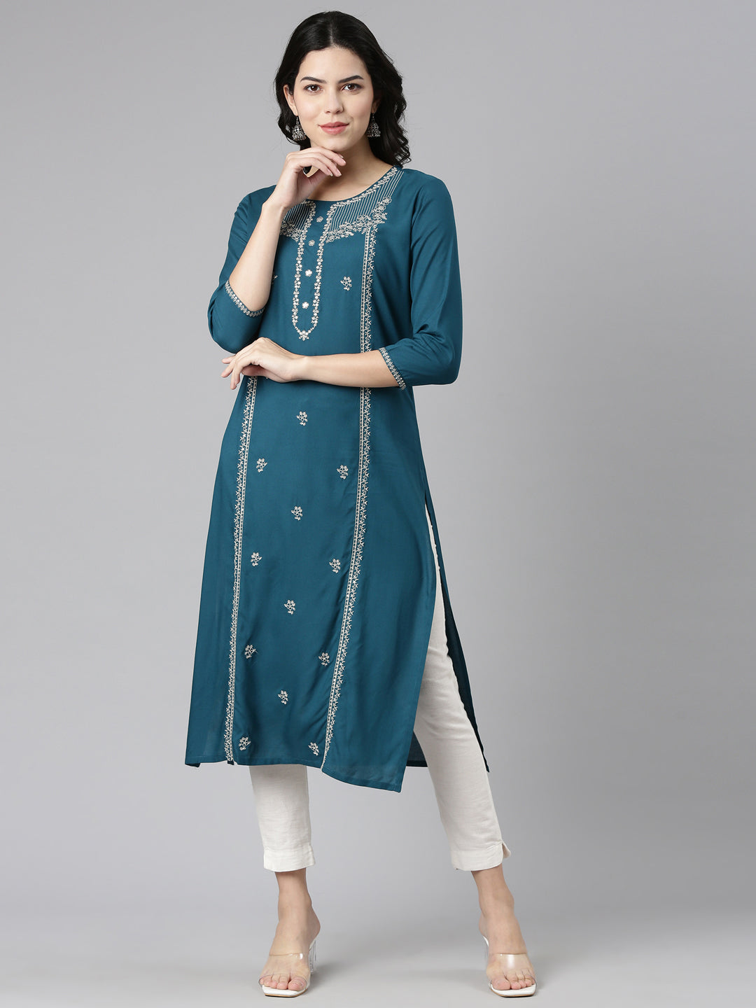 Neerus Green embroidered straight kurti - front view
