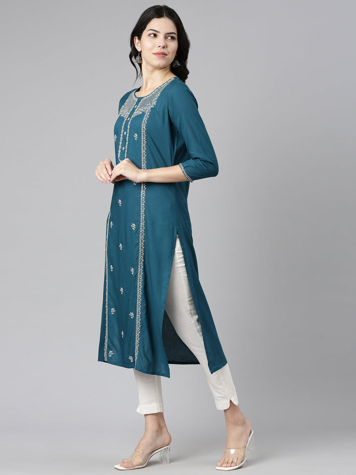 Neerus Green embroidered straight kurti - back view