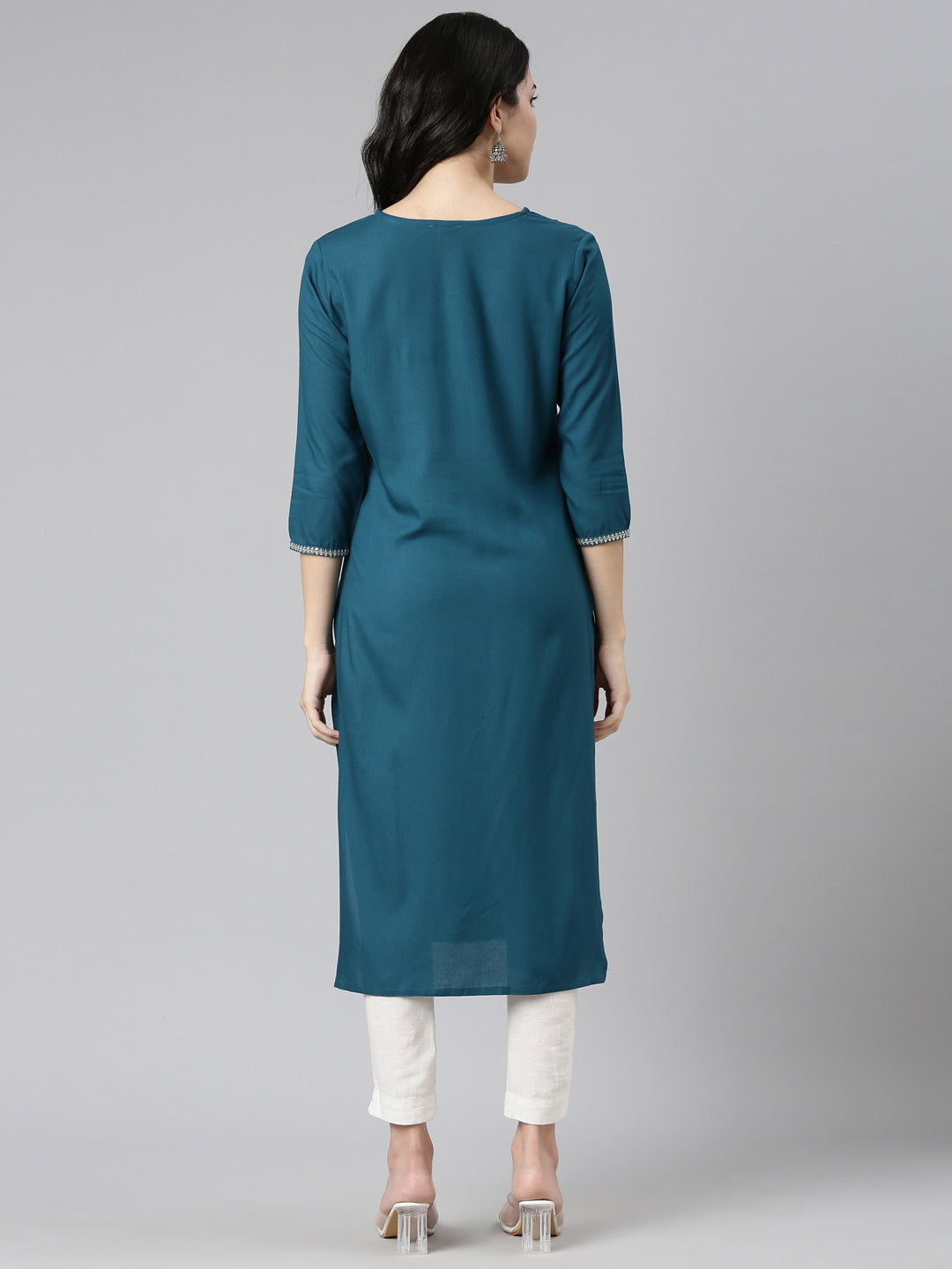 Neerus Green embroidered straight kurti - side view