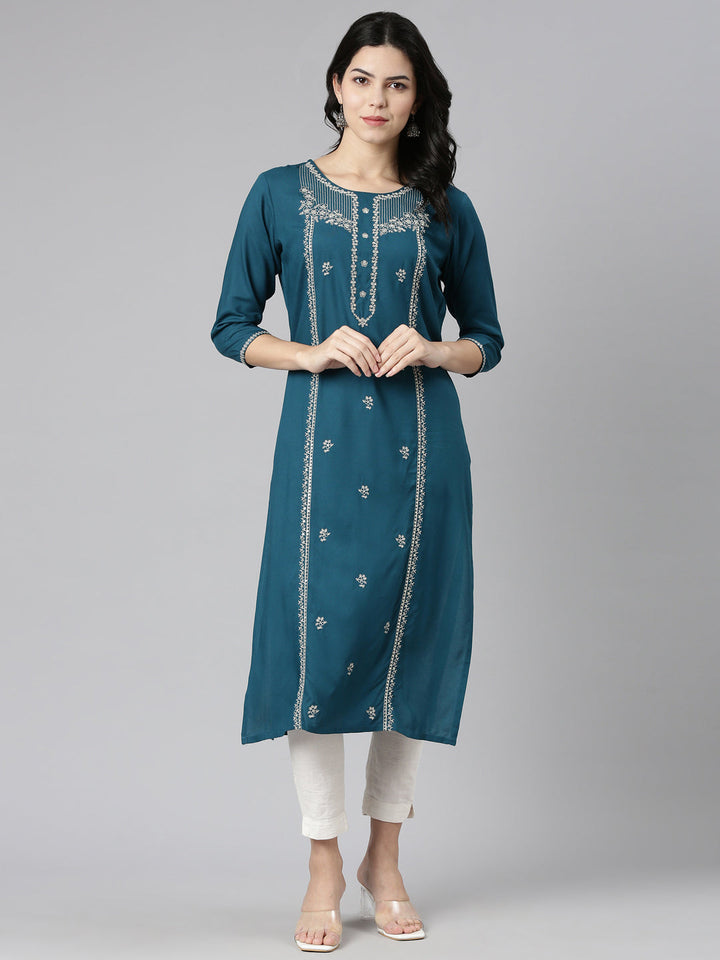Neerus Green embroidered straight kurti - detail view 2