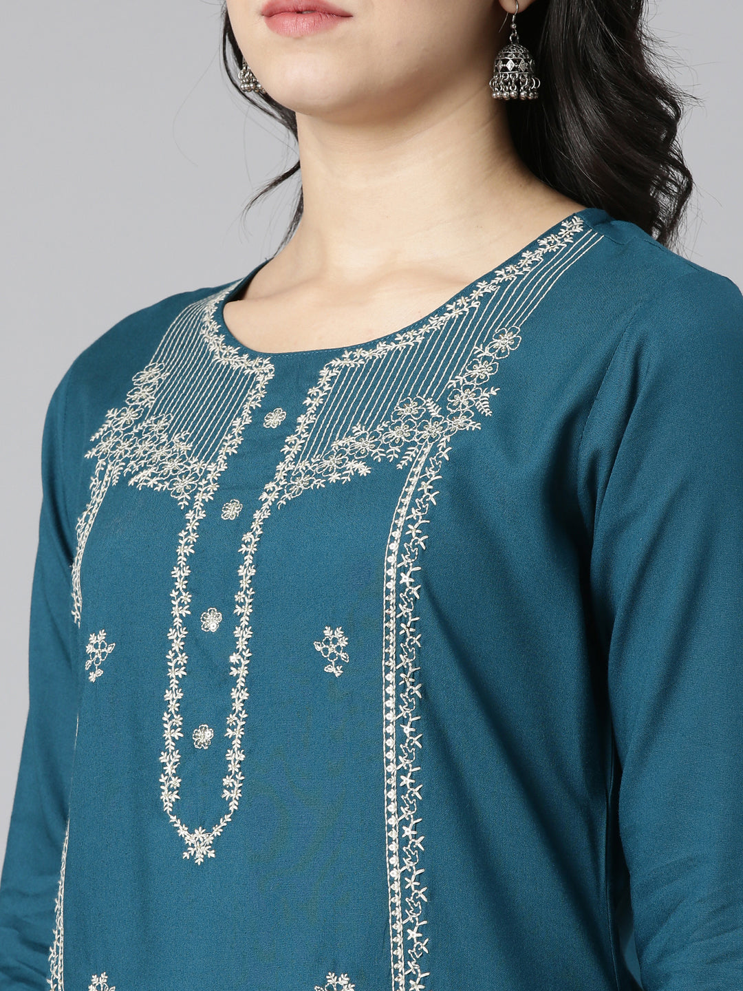 Neerus Green embroidered straight kurti - detail view 1