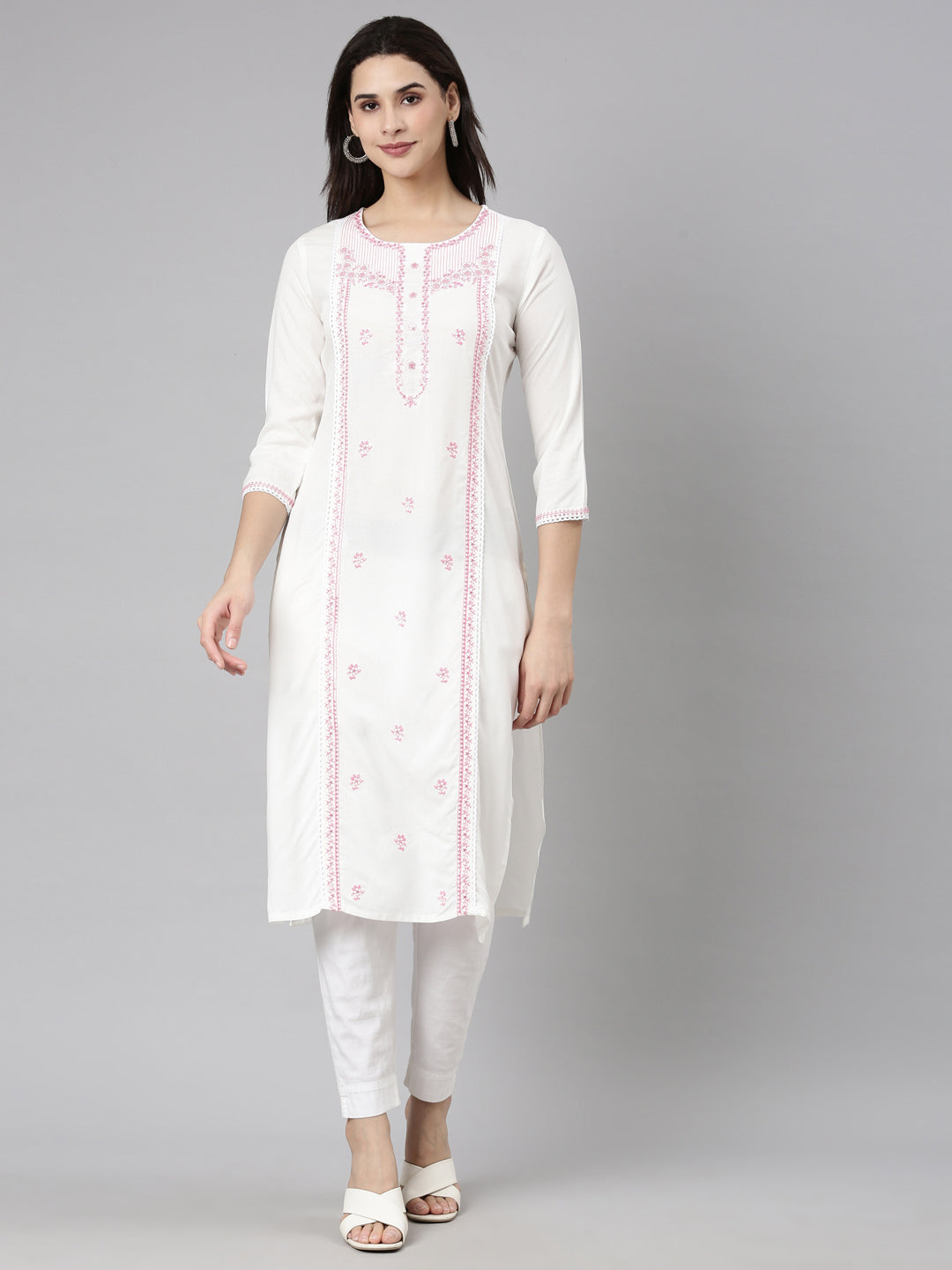 Neerus Pink viscose rayon printed floral straight kurti - front view