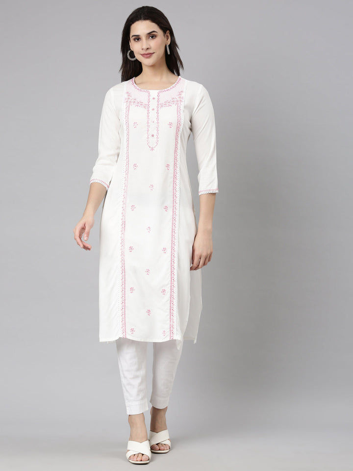 Neerus Pink viscose rayon printed floral straight kurti - front view