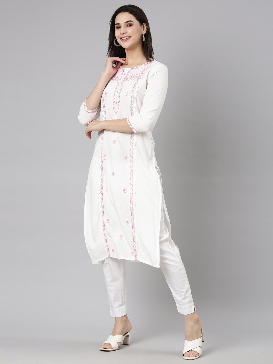 Neerus Pink viscose rayon printed floral straight kurti - back view