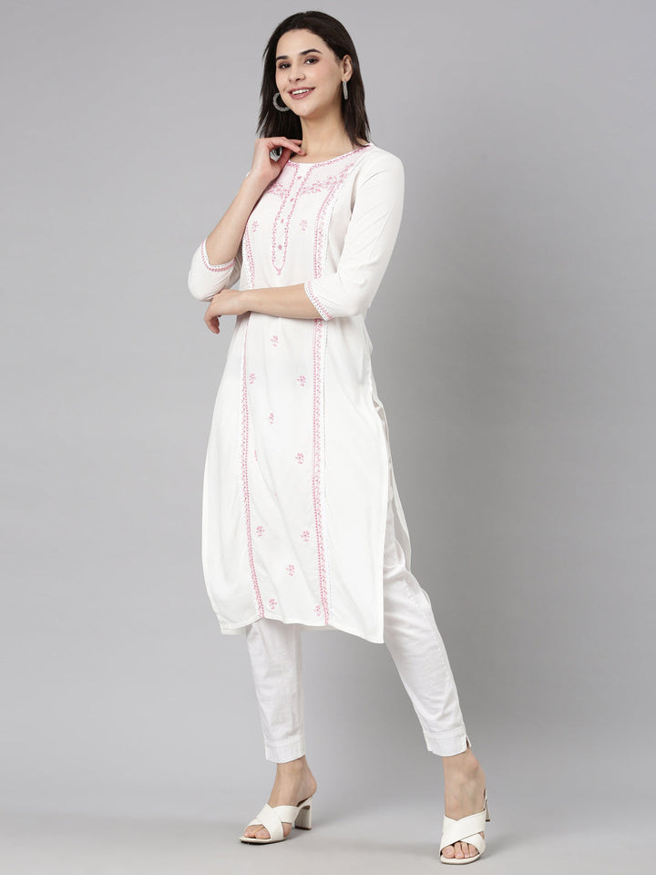 Neerus Pink viscose rayon printed floral straight kurti - back view