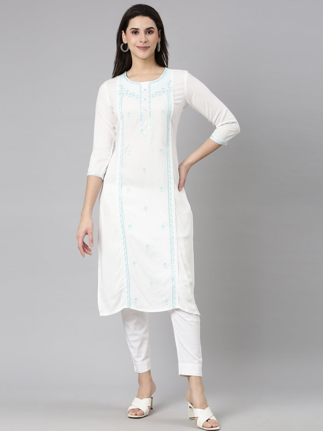 Neerus Blue floral printed straight kurti - front view