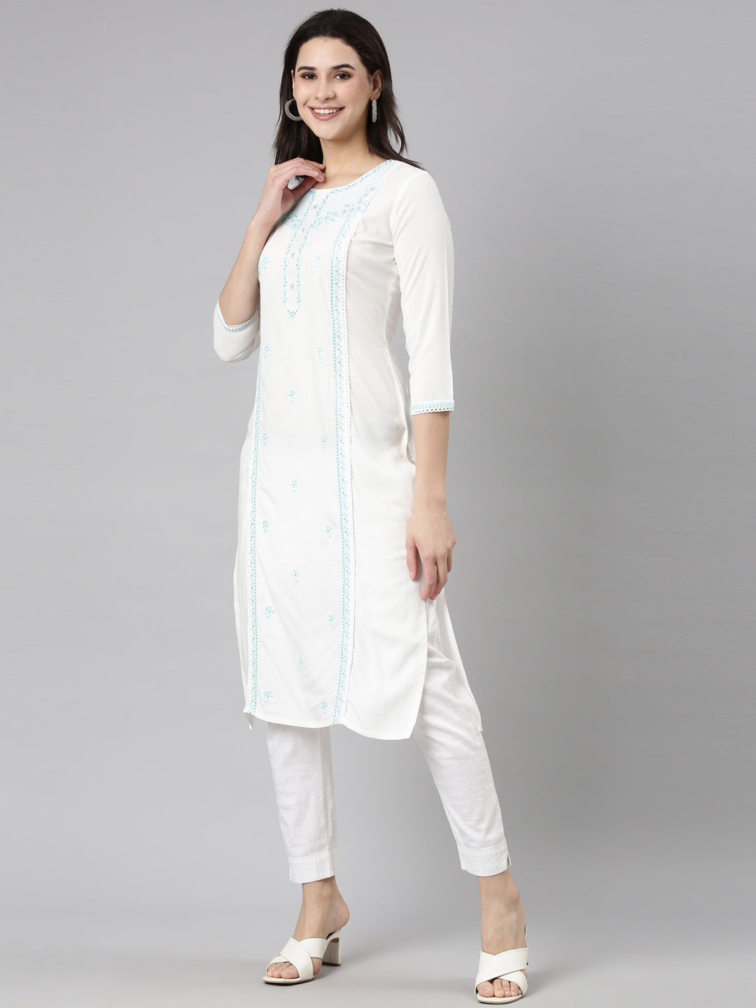 Neerus Blue floral printed straight kurti - back view