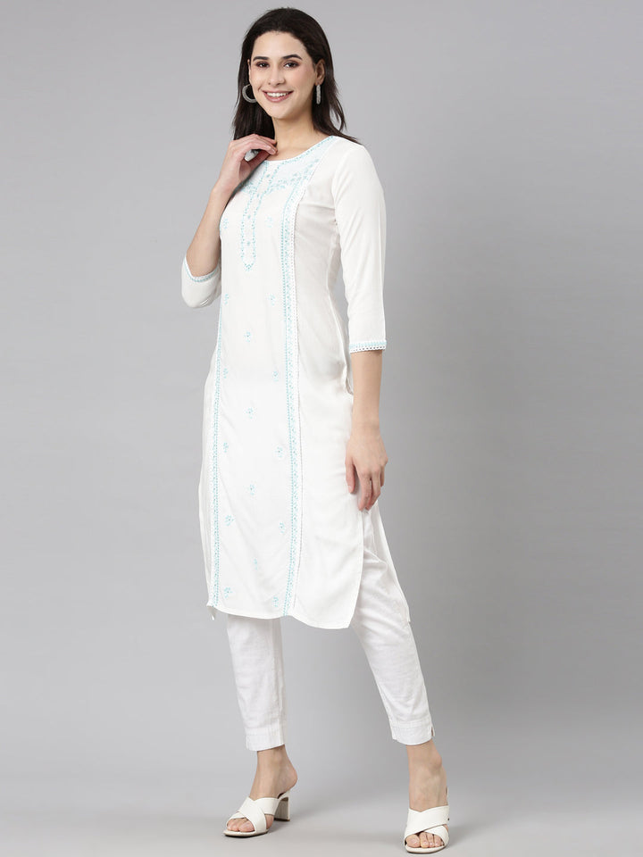 Neerus Blue floral printed straight kurti - back view