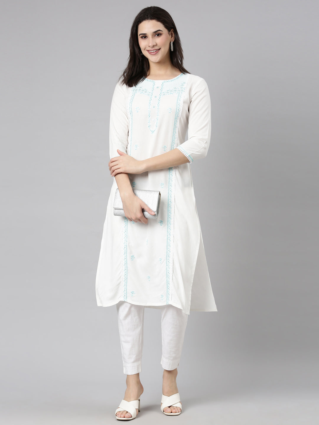 Neerus Blue floral printed straight kurti - detail view 1