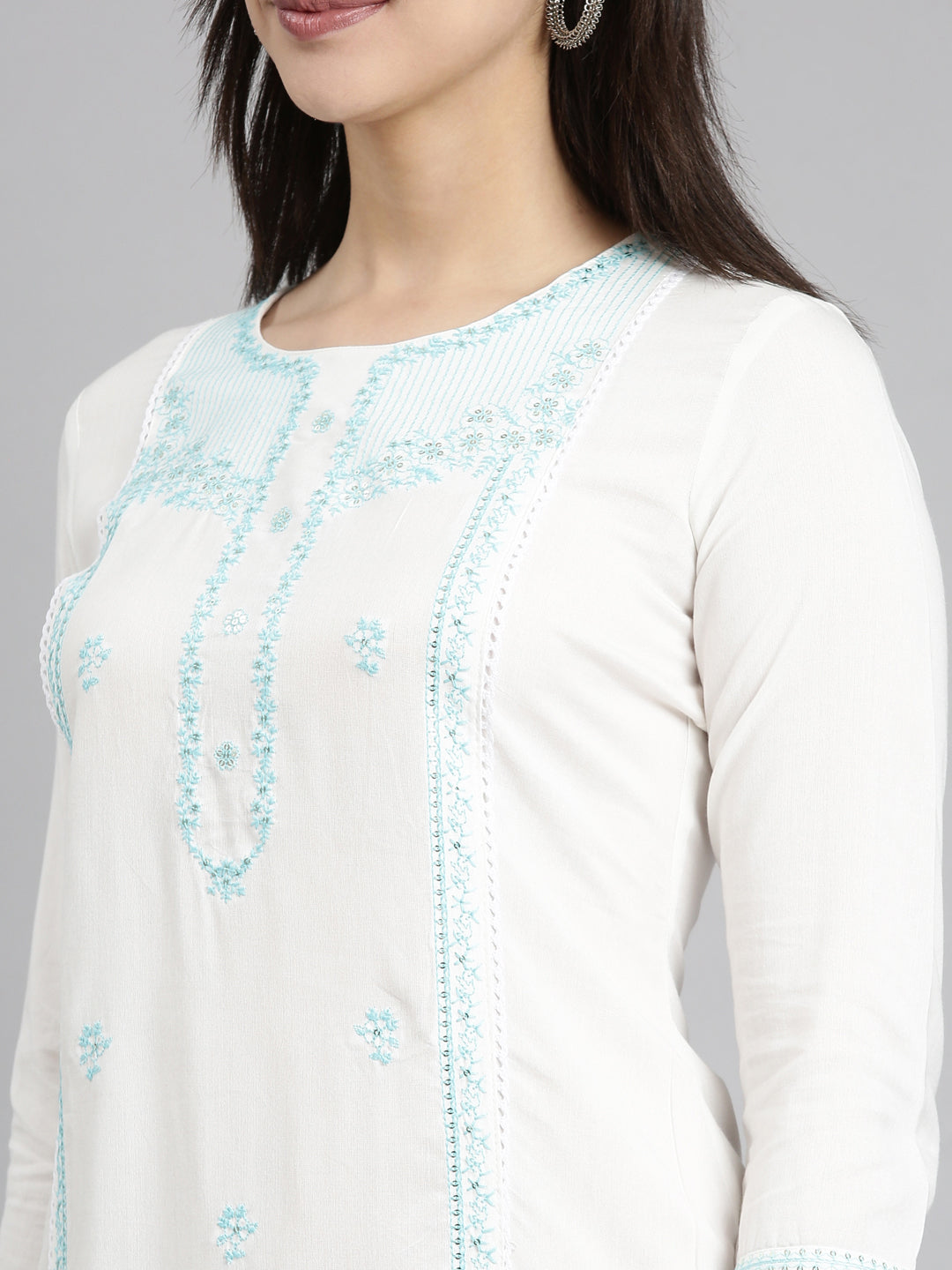 Neerus Blue floral printed straight kurti - detail view 2