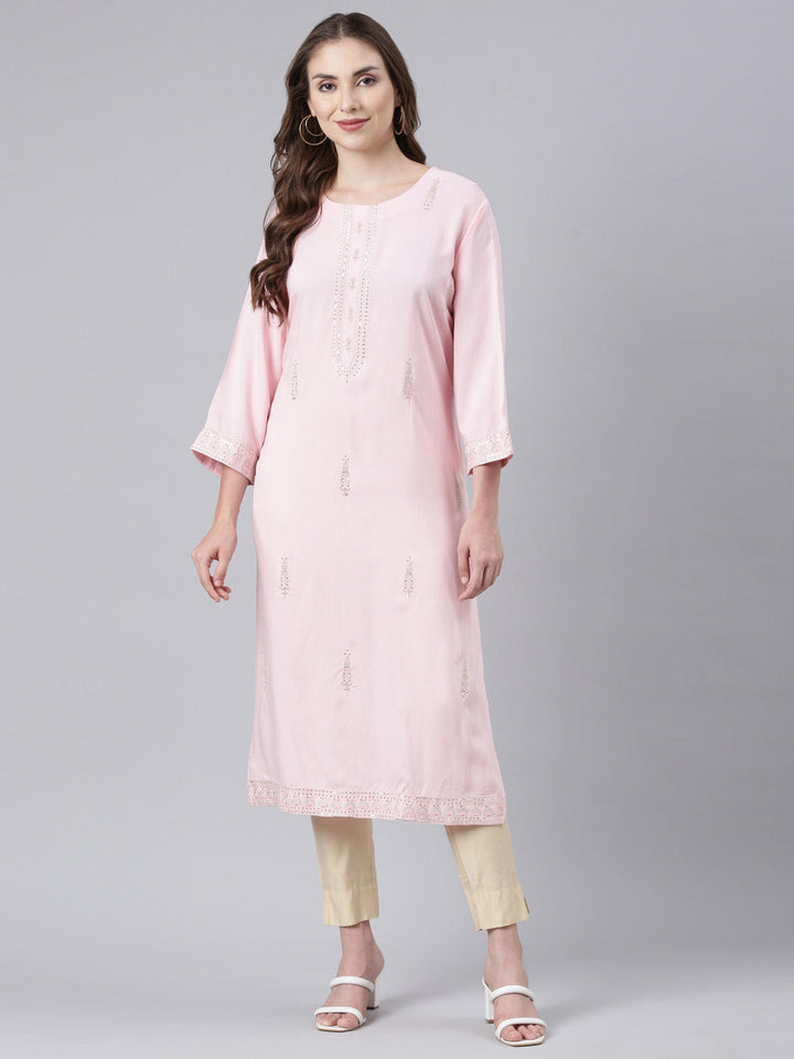 Neerus Pink printed floral straight kurta - front view