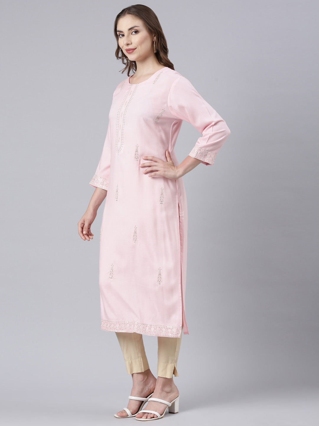 Neerus Pink printed floral straight kurta - back view