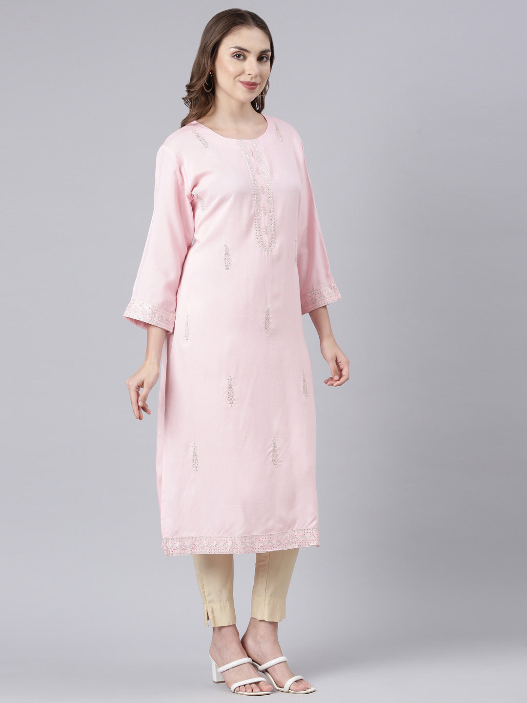 Neerus Pink printed floral straight kurta - side view
