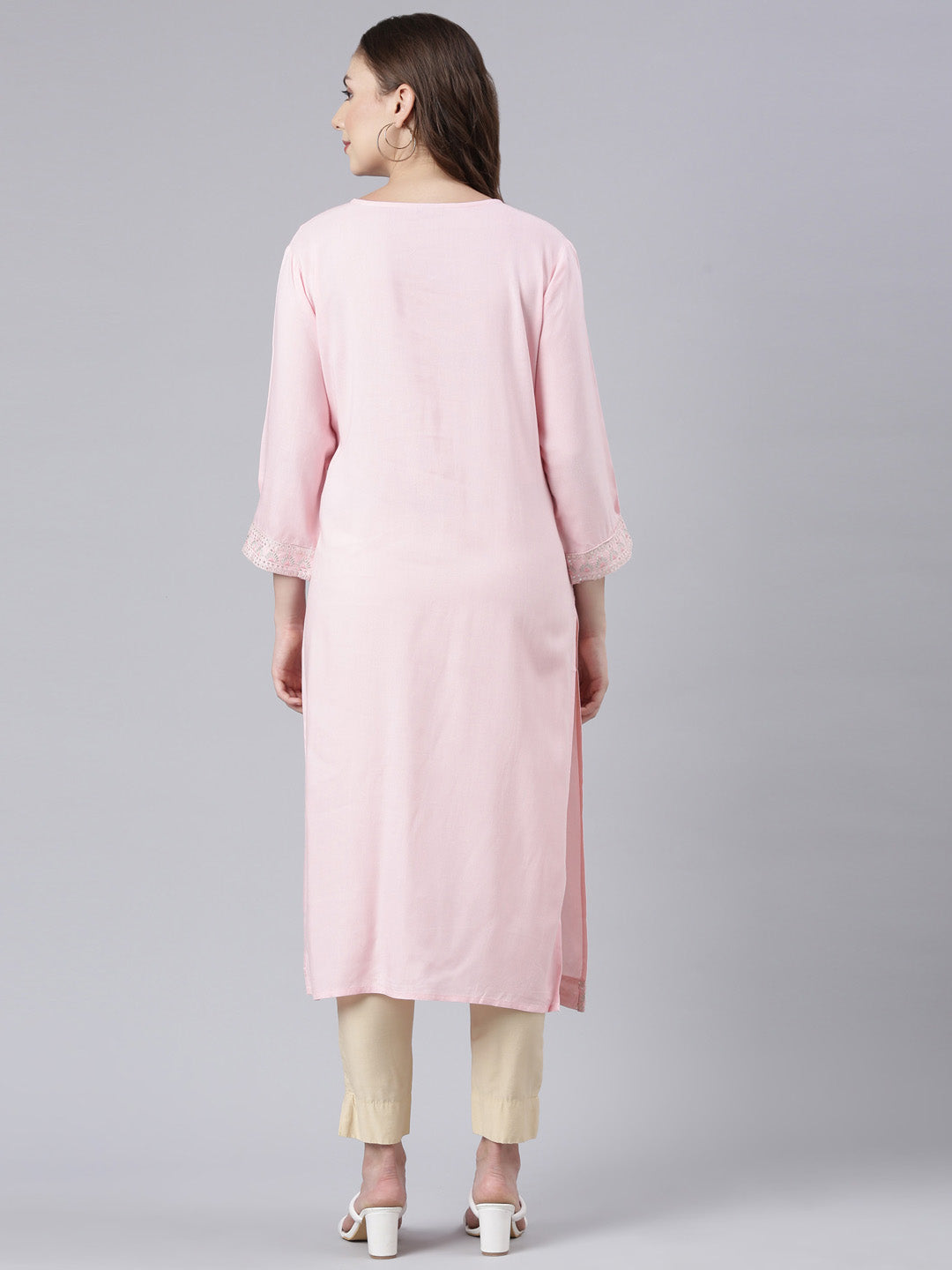 Neerus Pink printed floral straight kurta - detail view 1