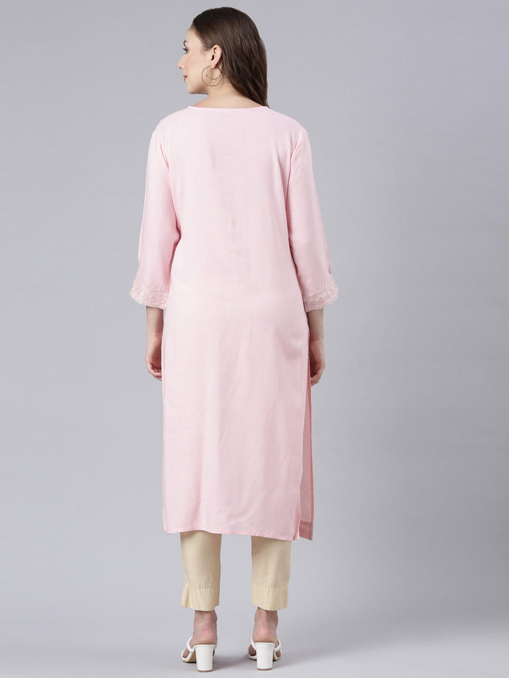 Neerus Pink printed floral straight kurta - detail view 1