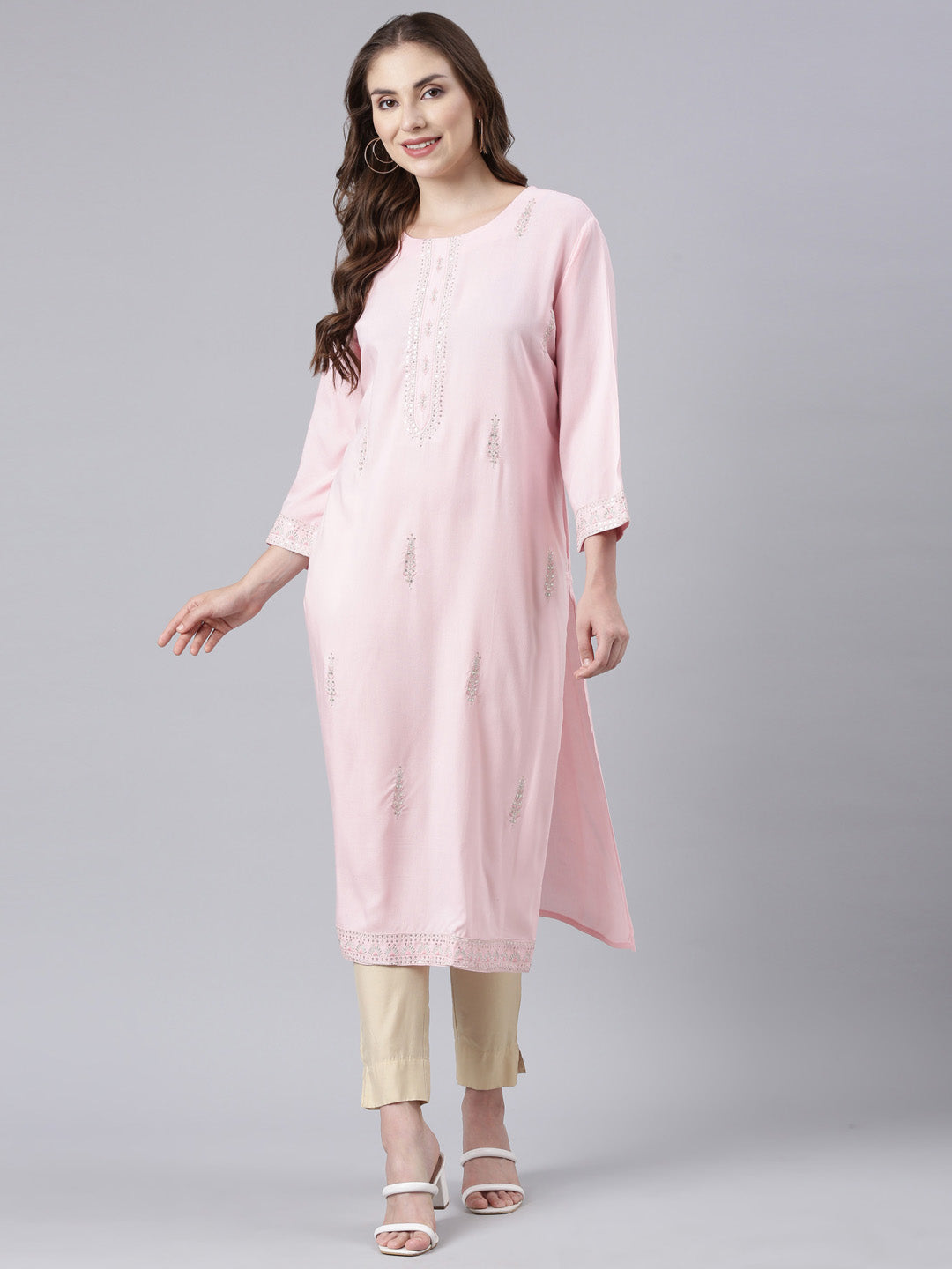 Neerus Pink printed floral straight kurta - detail view 3