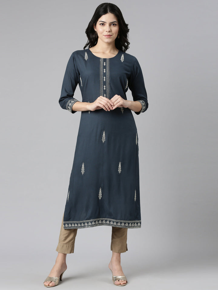 Neerus Blue Rayon Embroidered Straight Kurti - front view