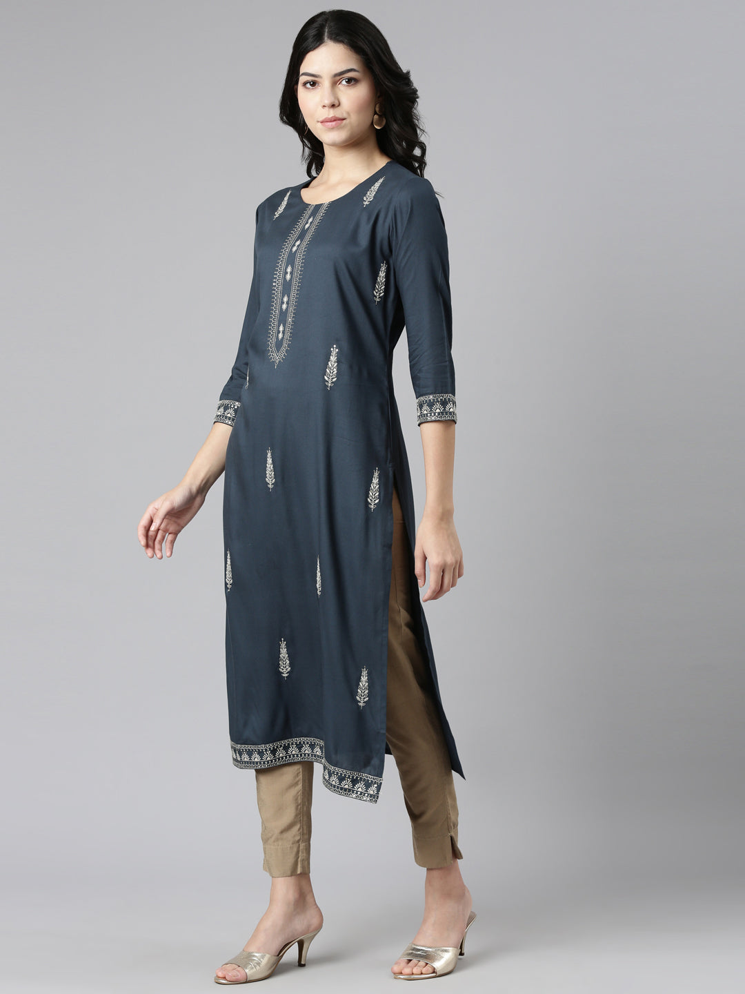 Neerus Blue Rayon Embroidered Straight Kurti - back view