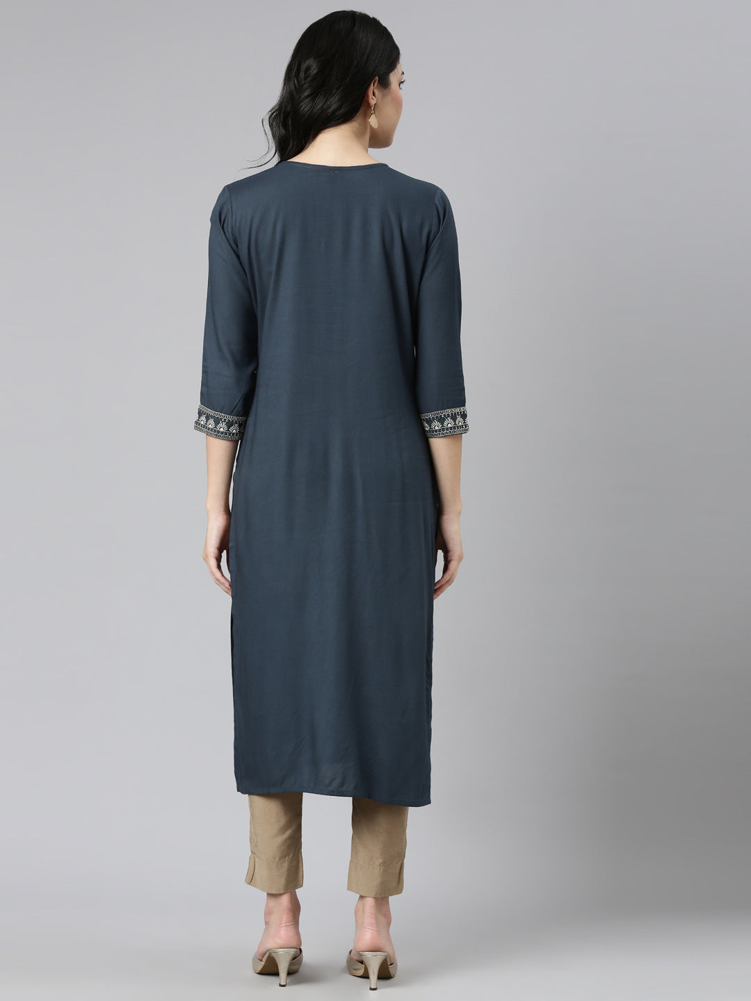 Neerus Blue Rayon Embroidered Straight Kurti - side view