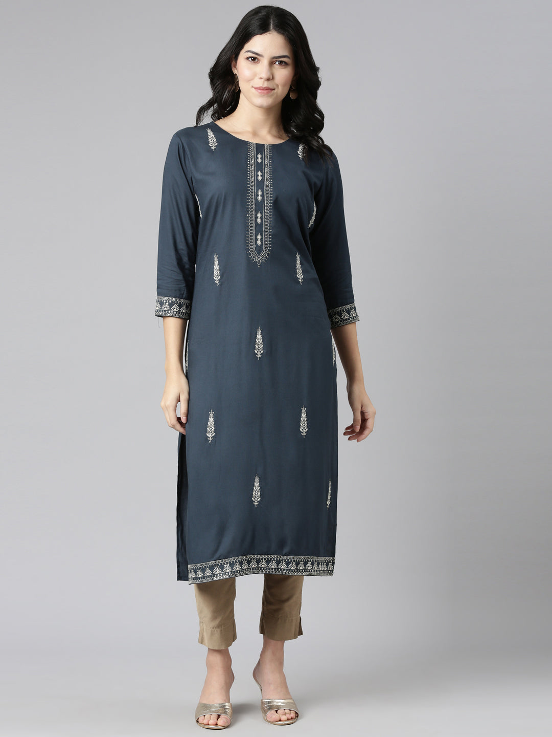 Neerus Blue Rayon Embroidered Straight Kurti - detail view 2