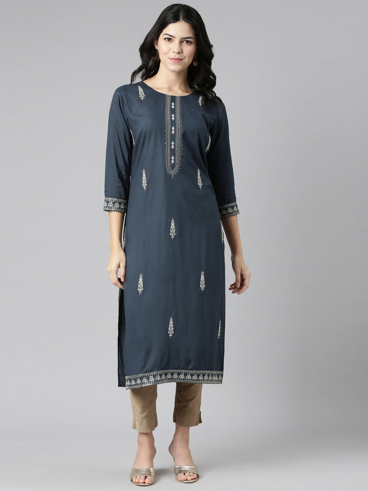 Neerus Blue Rayon Embroidered Straight Kurti - detail view 2