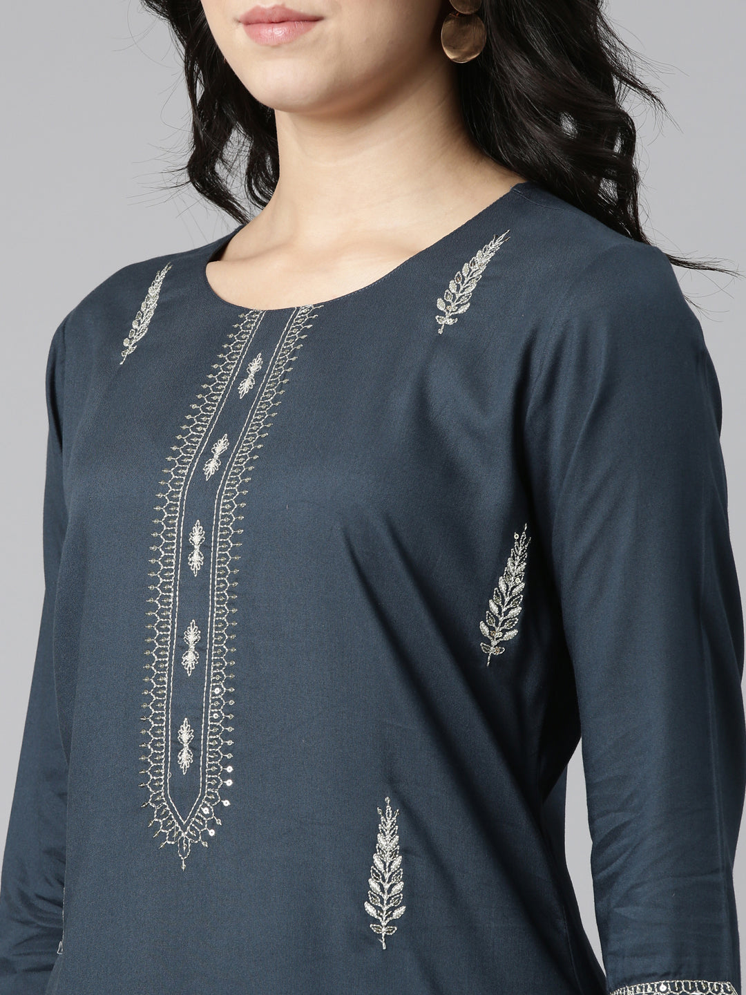 Neerus Blue Rayon Embroidered Straight Kurti - detail view 1