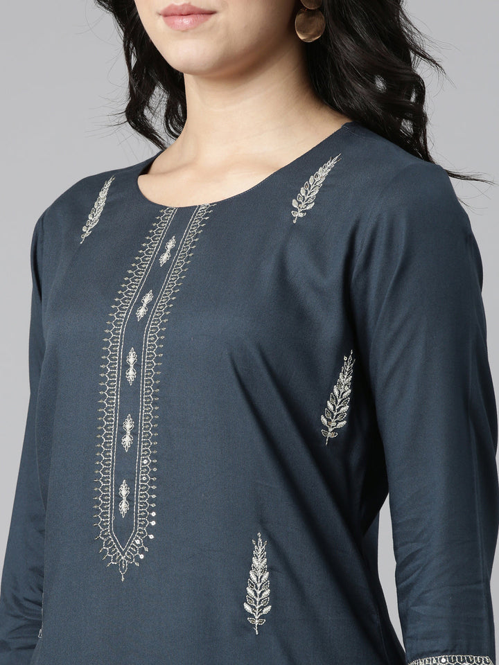 Neerus Blue Rayon Embroidered Straight Kurti - detail view 1