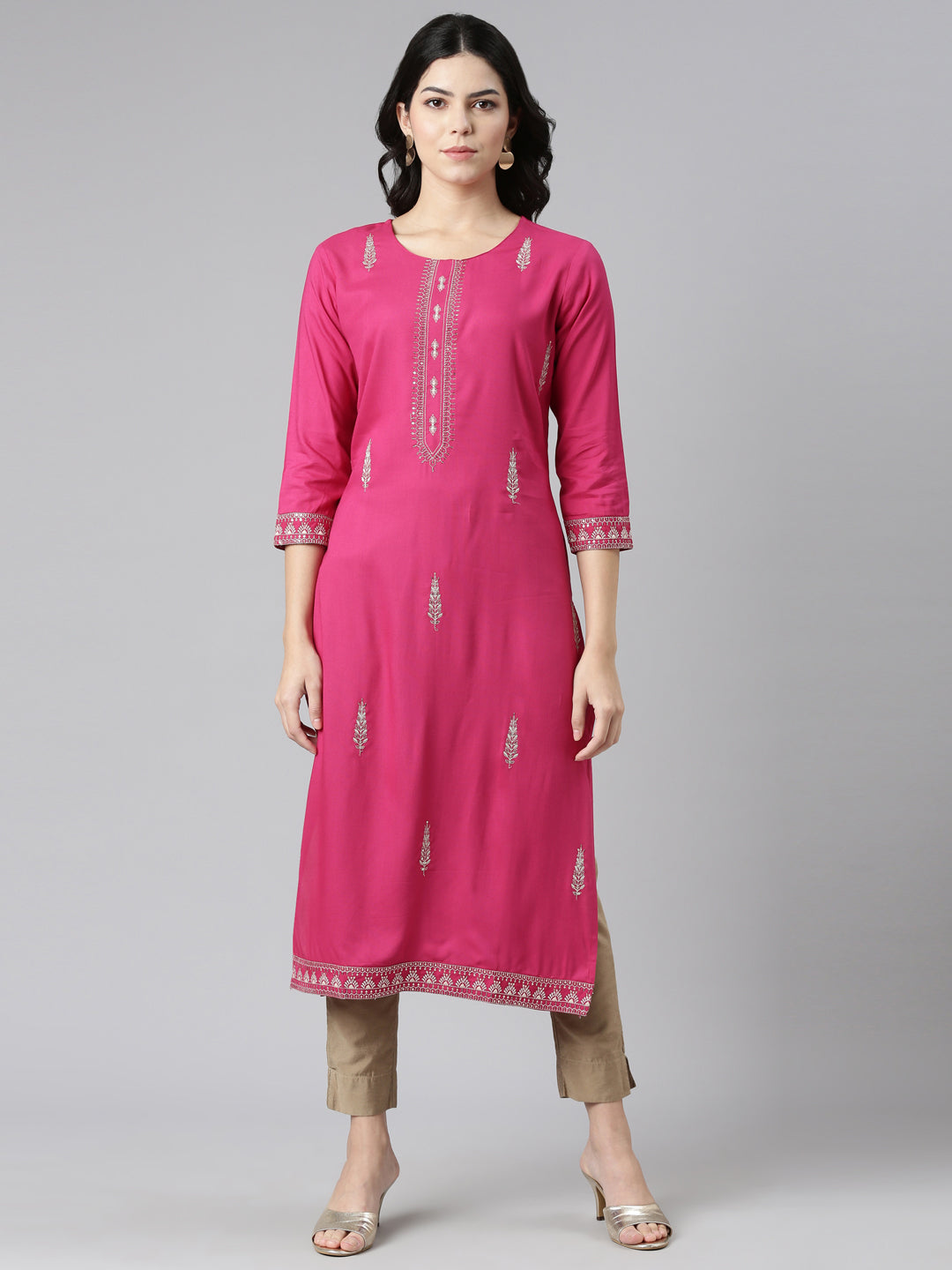 Neerus Pink Rayon Embroidered Kurti - front view