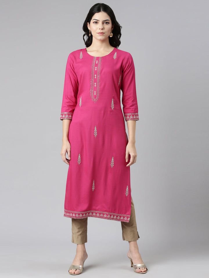 Neerus Pink Rayon Embroidered Kurti - front view