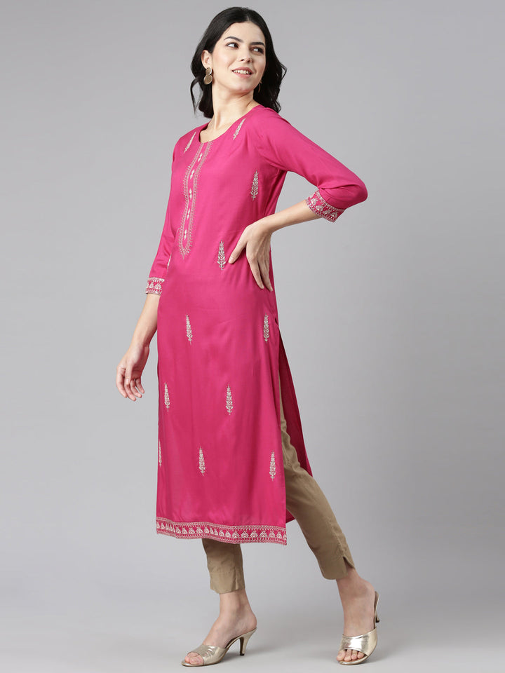 Neerus Pink Rayon Embroidered Kurti - back view