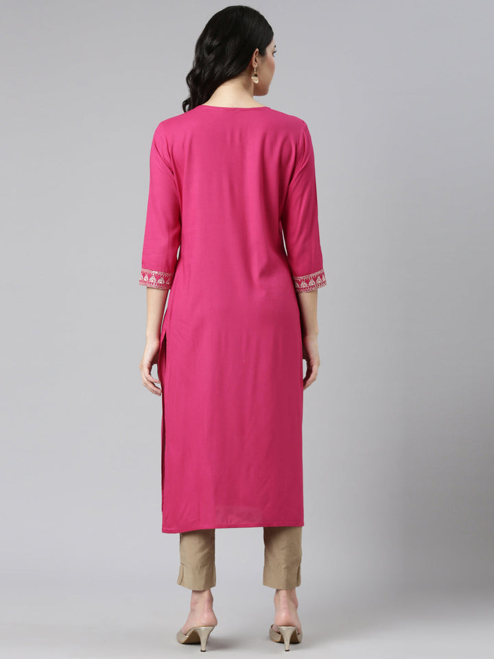 Neerus Pink Rayon Embroidered Kurti - side view