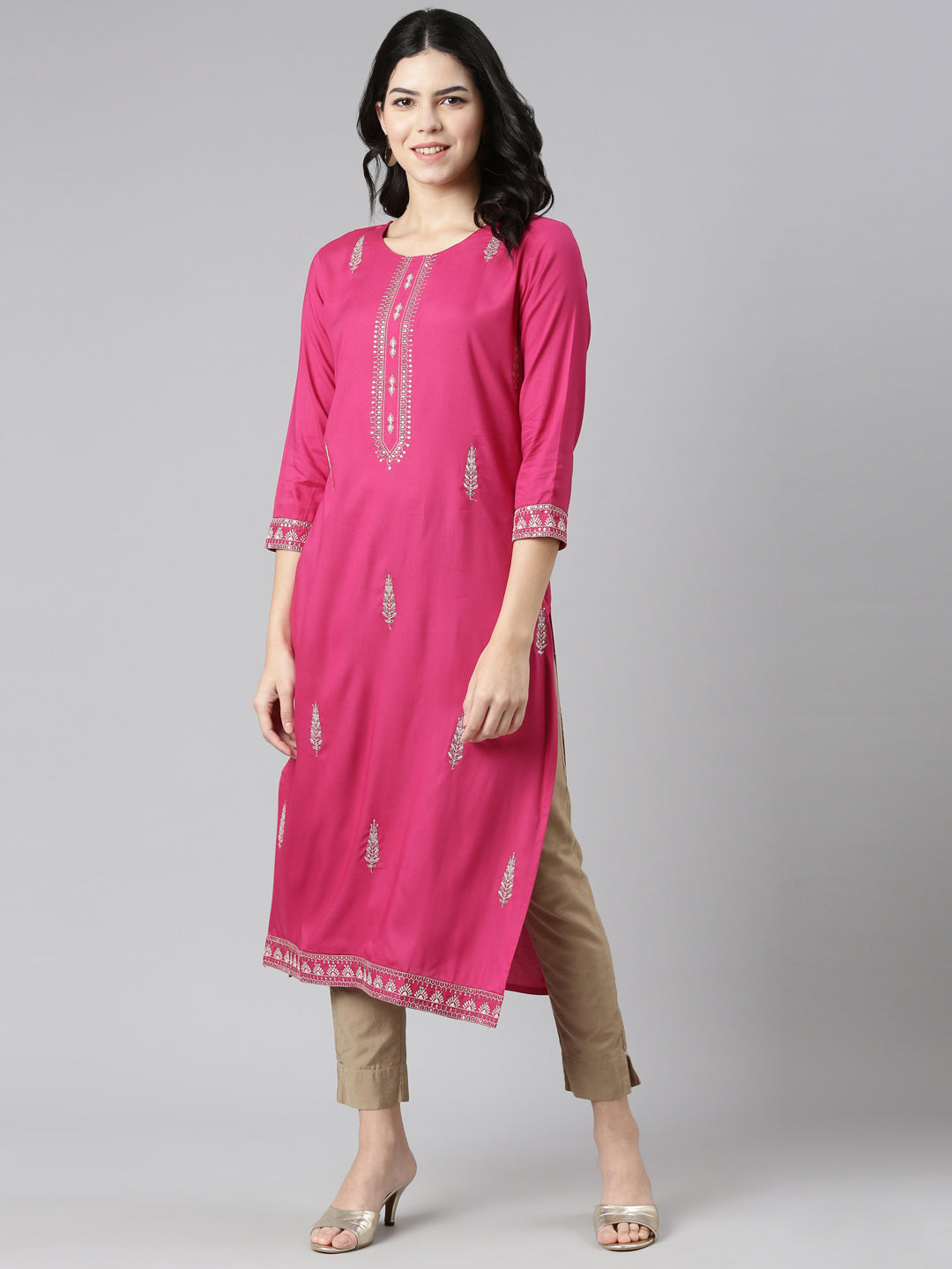 Neerus Pink Rayon Embroidered Kurti - detail view 2