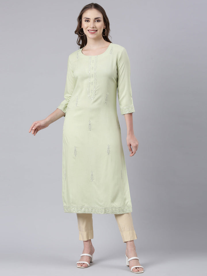Neerus Green rayon printed straight kurta - front view