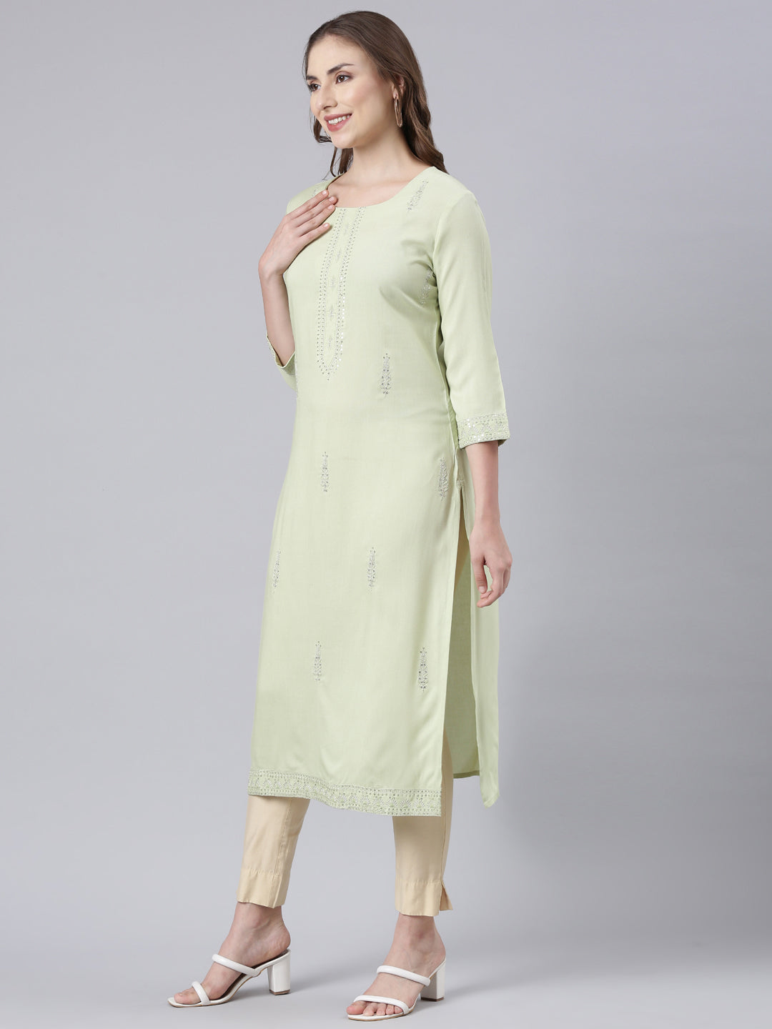 Neerus Green rayon printed straight kurta - back view